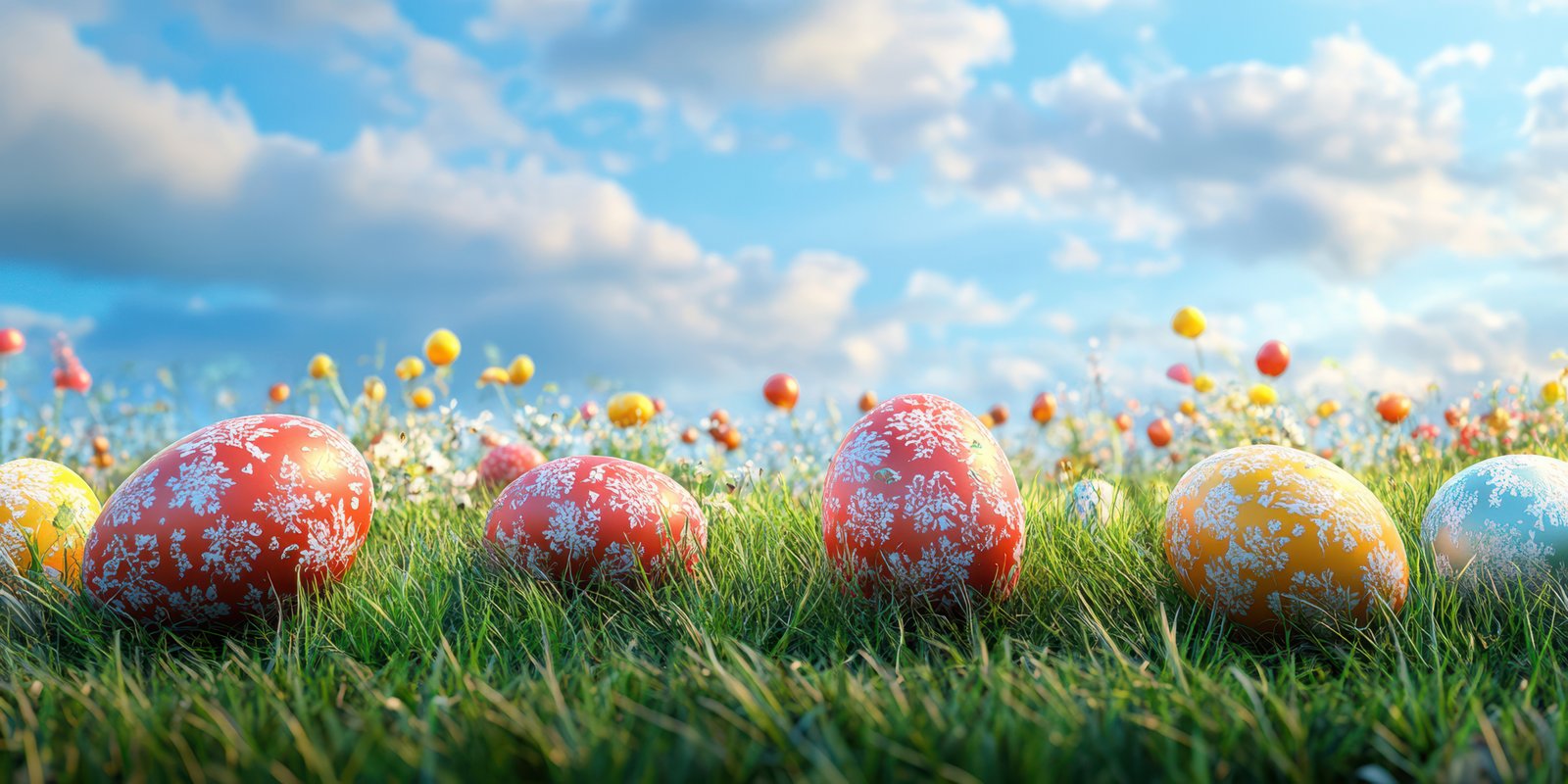 Colorful decorated eggs resting in lush green grass under a bright blue sky with fluffy clouds during springtime